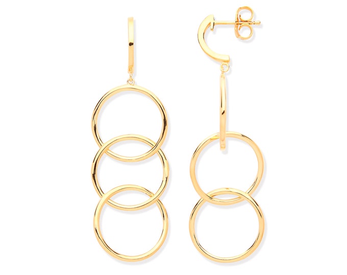 Yellow Gold Plated 925 Sterling Silver Trilogy Open Linked Circles 5cm Long Drop Earrings