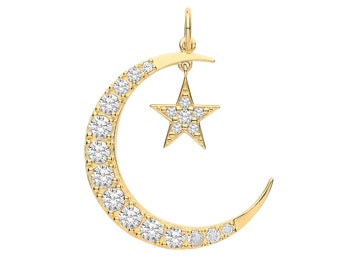 9ct Yellow Gold 18mm Crescent Cz Moon & Star Design Charm Pendant - Real 9K Gold
