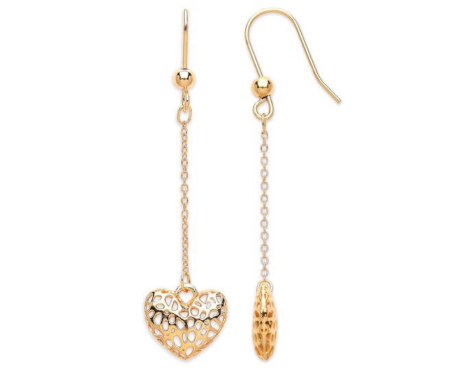 9ct Yellow Gold Filigree Heart Fish Hook 4cm Drop Earrings - Real 9K Gold