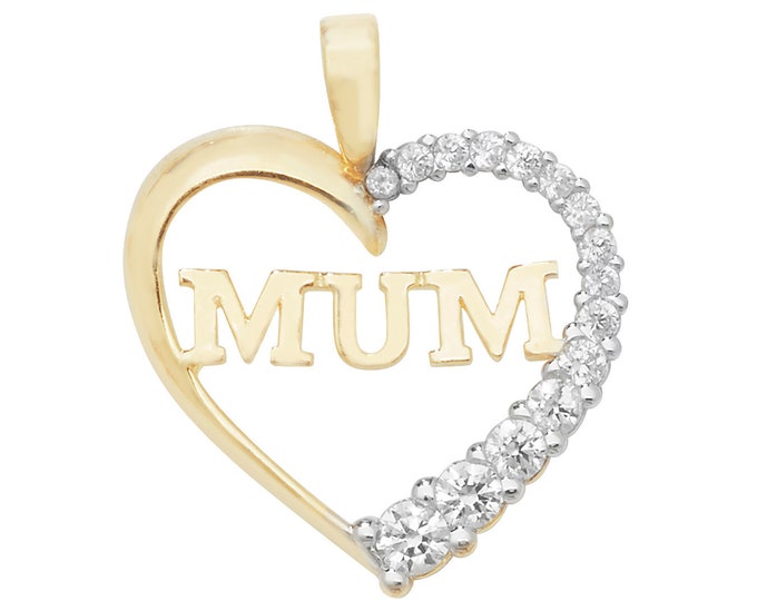 9ct Yellow Gold MUM Love Heart Pendant Half Pave Set With Cz Stones Hallmarked