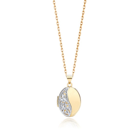 9ct Yellow /& White Gold 2 Photograph Oval Half Embossed Lace Locket 15 x 12mm JQS