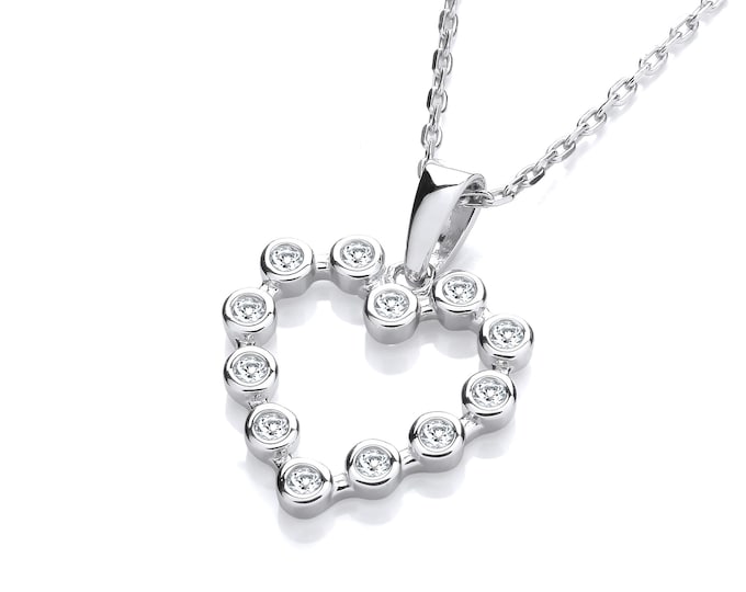 Bezel Set Cz Heart Charm Pendant 16"- 17" Necklace Rhodium Plated 925 Sterling Silver
