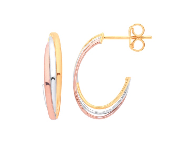 9ct Tri Colour Gold 19x4mm Oval Hoop Stud Earrings -  Real 9K Gold