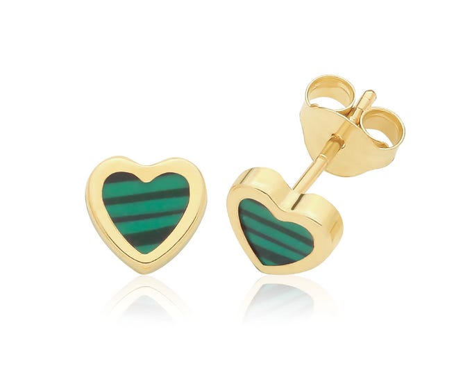 9ct Yellow Gold 5mm Heart Stud Earrings With Green Malachite Stone - Real 9K Gold