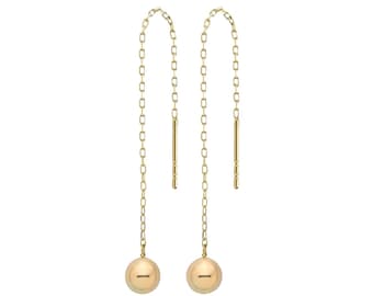 9ct Yellow Gold 5mm Ball & Threader Chain 5.5cm Drop Earrings - Solid 9K Gold