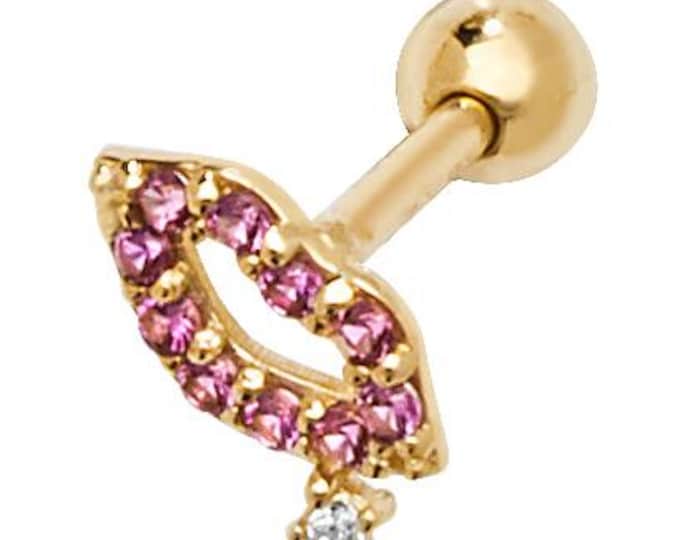 SINGLE 9ct Yellow Gold Pink Cz Lips Cartilage 6mm Bar Stud Screw Back Earring