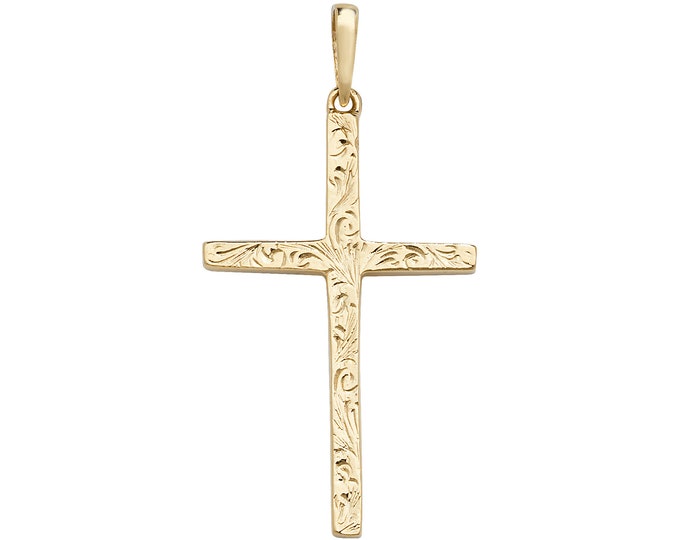 Solid 9K Gold Medieval Embossed Scroll Pattern 3.5cm Cross Pendant Hallmarked- Real 9K Gold