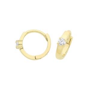 9ct Yellow Gold 8mm Diameter Hinged Huggies Hoop Earrings With Solitaire Cz Stone - Real 9K Gold