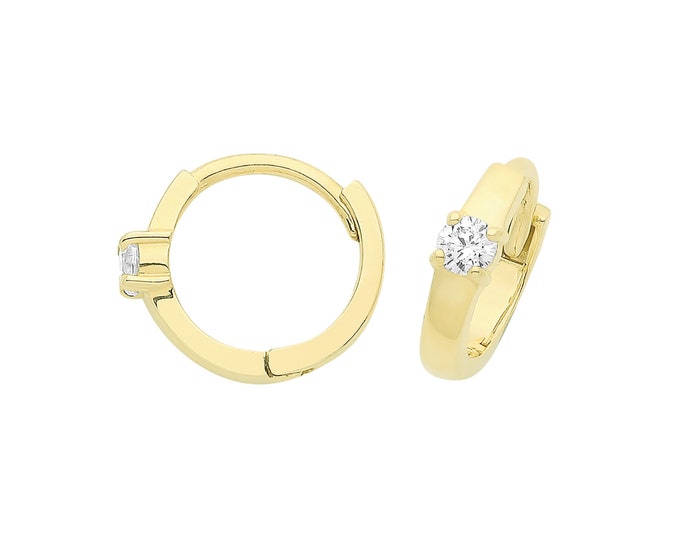 9ct Yellow Gold 8mm Diameter Hinged Huggies Hoop Earrings With Solitaire Cz Stone - Real 9K Gold