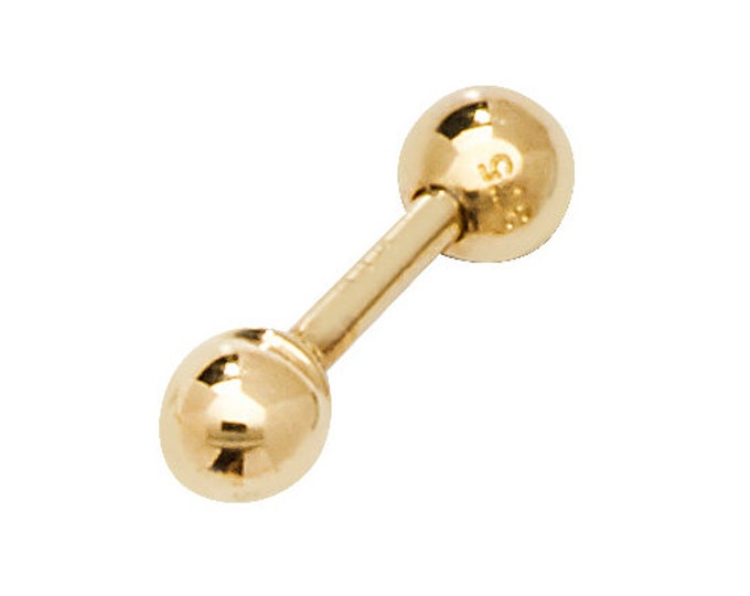 9ct Yellow Gold 3mm Bead Barbell Cartilage 6mm Bar SINGLE Stud Screw Back Earring - Real 9K Gold