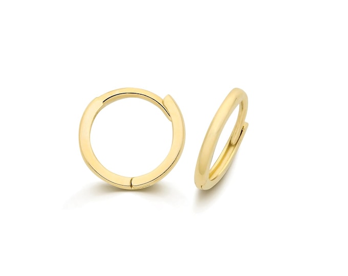 Small 9ct Yellow Gold 9mm Diameter Hinged D Shaped Huggies Hoop Earrings - Real 9K Gold