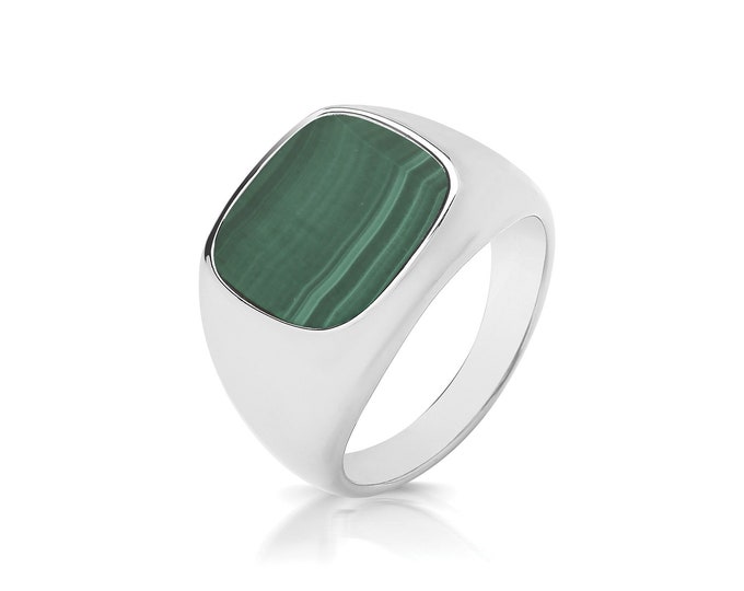 925 Sterling Silver 12x11.5mm Cushion Cut Green Malachite Signet Ring With Plain Sides