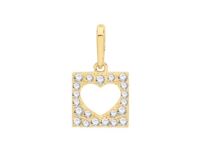 Small 9ct Yellow Gold 7mm Square Cz Cut Out Heart Charm Pendant - Real 9K Gold