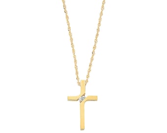 9ct Yellow Gold Crucifix Cross 0.04ct Solitaire Diamond Set Pendant on 18" Necklace - Real 9K Gold