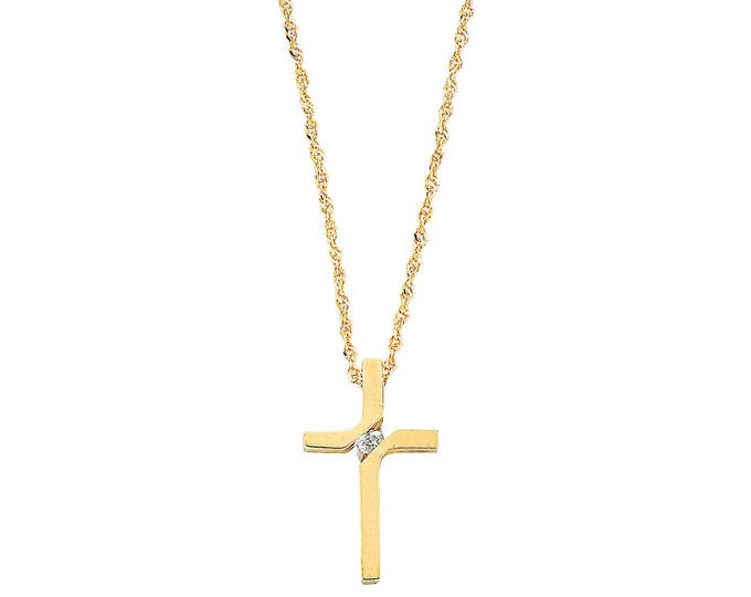 9ct Yellow Gold Crucifix Cross 0.04ct Solitaire Diamond Set Pendant on 18" Necklace - Real 9K Gold