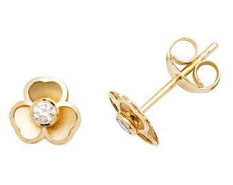 9ct Yellow Gold & Cz Three Petal 4mm Flower Stud Earrings - Real 9K Gold