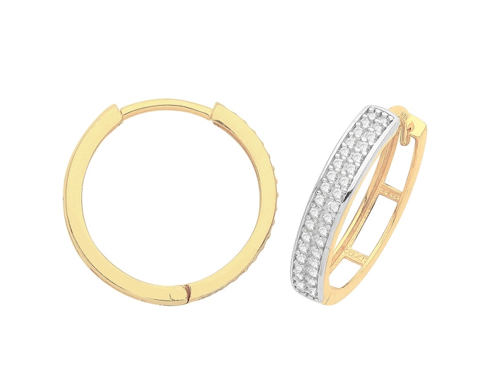 9ct Yellow Gold Two Row Cz Channel Set 13mm Diameter Hinged Huggies Hoop Earrings - Real 9K Gold