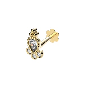 9ct Yellow Gold Ornate Pear Cut Cz Labret Cartilage 6mm Bar Single Stud Screw Top Earring - Solid 9K Gold