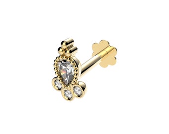 9ct Yellow Gold Ornate Pear Cut Cz Labret Cartilage 6mm Bar Single Stud Screw Top Earring - Solid 9K Gold