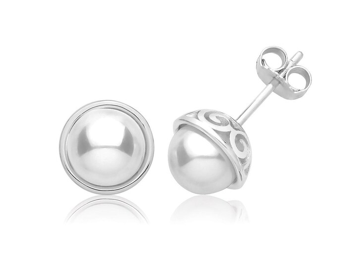 925 Sterling Silver Filigree Cup Shape 10mm Shell Pearl Stud Earrings Rhodium Plated