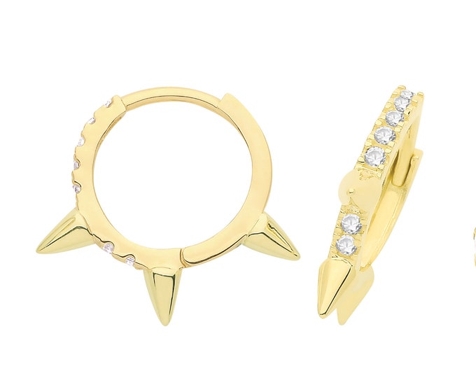 9ct Yellow Gold 9mm Cz 3 Spike Hinged Hoop Earrings - Real 9K Gold Hallmarked