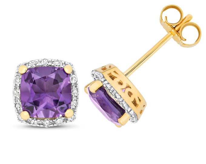 9ct Gold 0.16ct Diamond & Cushion Cut Amethyst 6mm Stud Earrings - Real 9K Gold