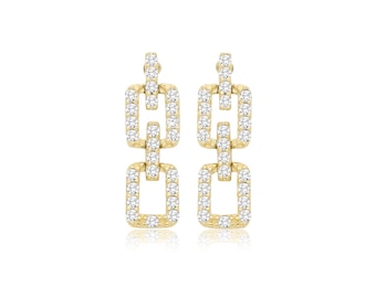 9ct Yellow Gold Pave Cz Link 14mm Drop Earrings  - Real 9K Gold