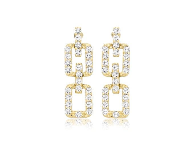 9ct Yellow Gold Pave Cz Link 14mm Drop Earrings  - Real 9K Gold