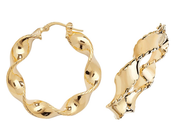 9ct Yellow Gold Diamond Cut Edge Twisted Ribbon Hoop Earrings 20mm 25mm 30mm 40mm 50mm - Real 9K Gold