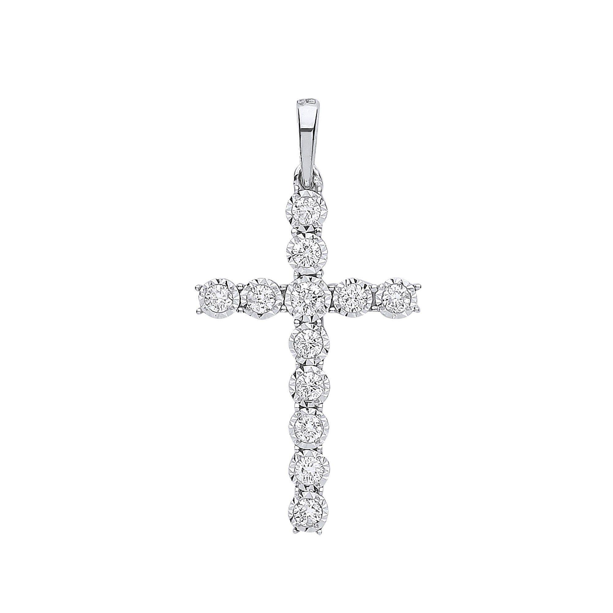 9K White Gold 0.27ct Diamond Illusion Set Cross Charm Pendant Real 9K