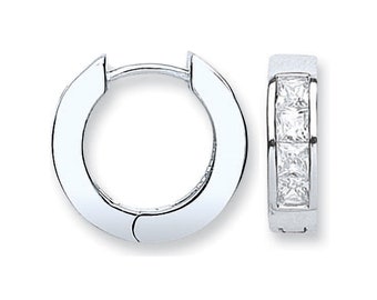 925 Sterling Silver 10mm Diameter Princess Cz Hinged Huggies Hoop Earrings