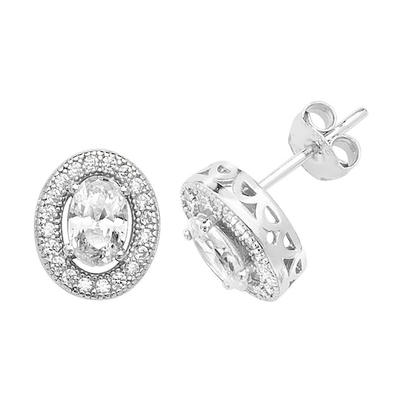 925 Sterling Silver 10mm Micro Pave Halo Oval Cz Cluster Stud Earrings - Main Image