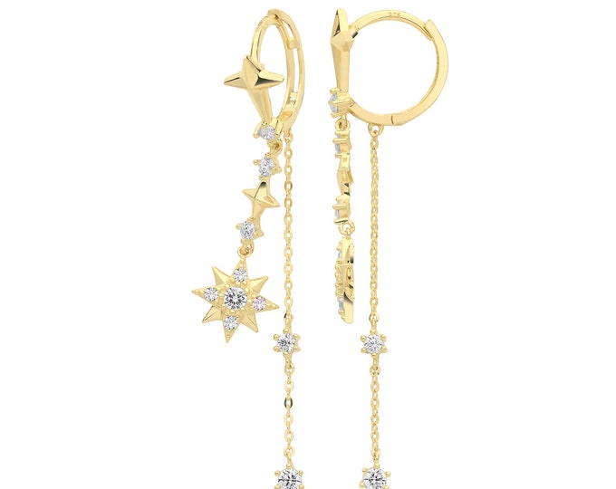 9ct Yellow Gold Hinged Hoop With Constellation Cz Stars 5cm Drop Earrings - Real 9K Gold