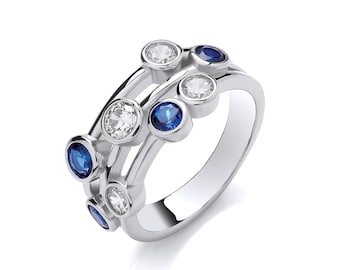 3 Row Bezel Set Round Cut Blue Cz Ring 925 Sterling Silver