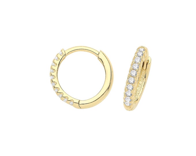 9ct Yellow Gold Half Cz 8.5mm Diameter Hinged Clickers Hoop Earrings - Real 9K Gold