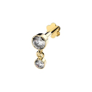 SINGLE 9ct Yellow Gold 2 Stone Cz Drop Labret Cartilage 6mm Bar Stud Screw Top Earring - Solid 9K Gold