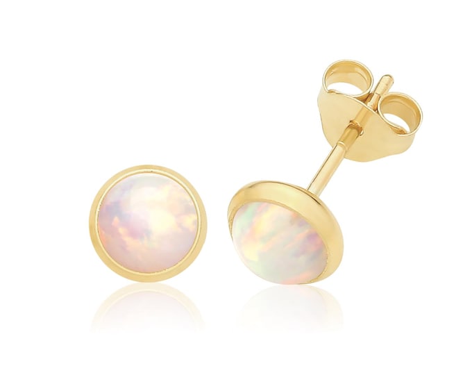 9ct Yellow Gold 5mm Round Opal Stud Earrings - Real 9K Gold