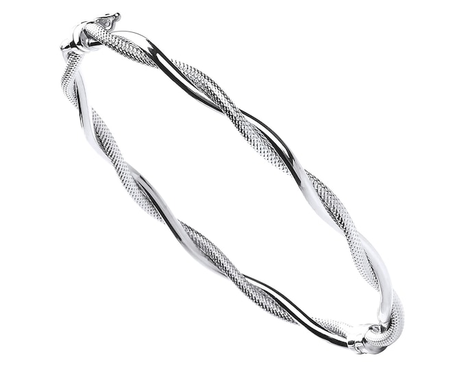 9ct White Gold Plain & Ribbed Twisted Hinged Bangle Hallmarked - Real 9K Gold