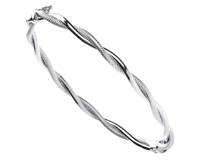 9ct White Gold Plain & Ribbed Twisted Hinged Bangle Hallmarked - Real 9K Gold