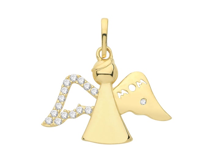 9ct Yellow Gold MOM Guardian Angel Charm Pendant With Pave Set Cz Wings - Real 9K Gold