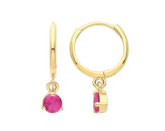 9ct Yellow Gold 8mm Hinged Hoop Earrings With 2mm Ruby Red Solitaire Cz Drop Charm - Real 9K Gold