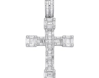 Large 925 Sterling Silver Baguette Cut Cz 5cm Cross Pendant