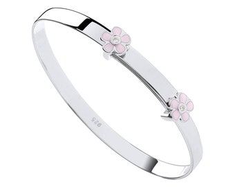 925 Sterling Silver Double Pink Daisy Flower Expandable Baby Identity Bangle