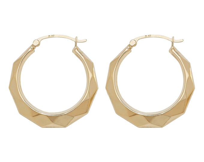 9ct Yellow Gold 20mm Diamond Faceted Creole Hoop Earrings Hallmarked - Real 9K Gold