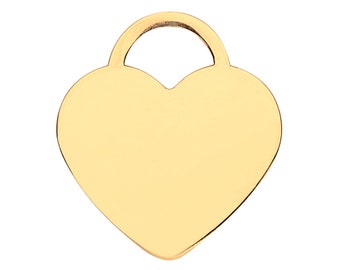 9ct Yellow Gold 15mm Flat Heart Tag Charm Pendant - Solid 9K Gold