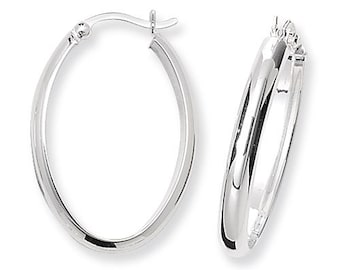 925 Sterling Silver 25x15mm D-Shaped Tube Oval Polished Hoop Earrings