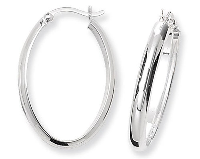 925 Sterling Silver 25x15mm D-Shaped Tube Oval Polished Hoop Earrings