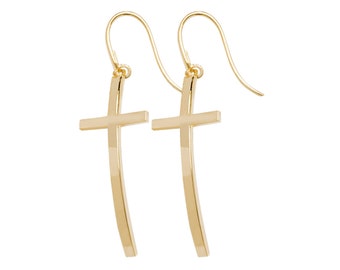 Modern 9ct Yellow Gold Crucifix Cross 2.5cm Hook Drop Earrings - Real 9K Gold