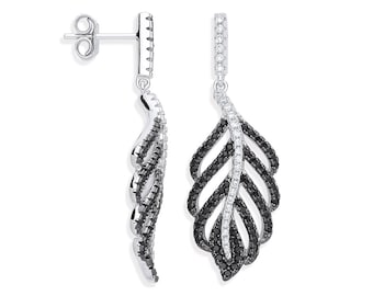 Pair of 925 Sterling Silver Black & Clear Cz Feather 3.7cm Drop Earrings