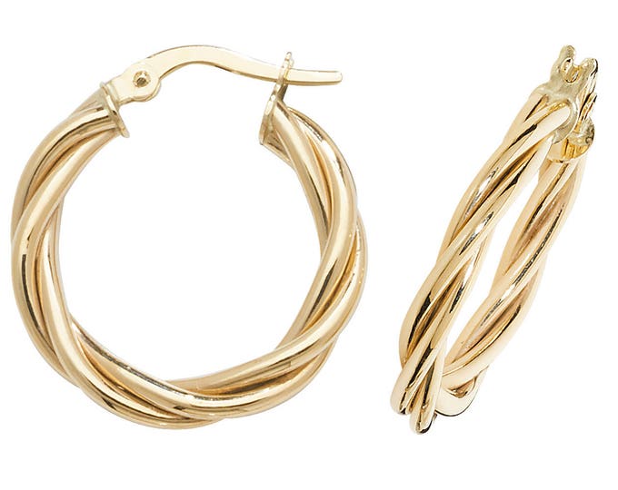 9ct Yellow Gold Hollow Twisted Rope Design Hoop Earrings 15mm 20mm 30mm - Real 9K Gold